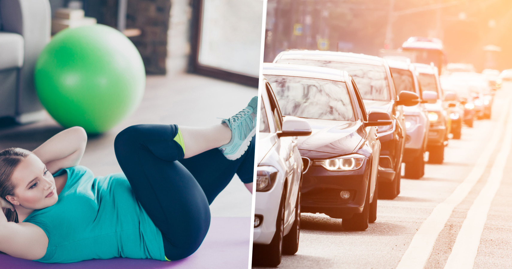 woman exercising // traffic cars