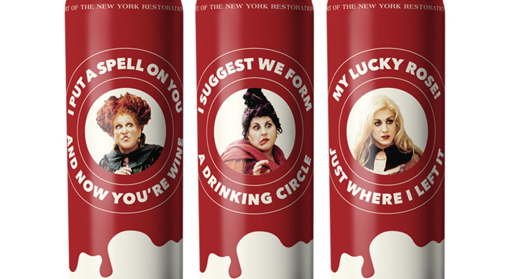 Bottles of Hocus Pocus themed wine in a can