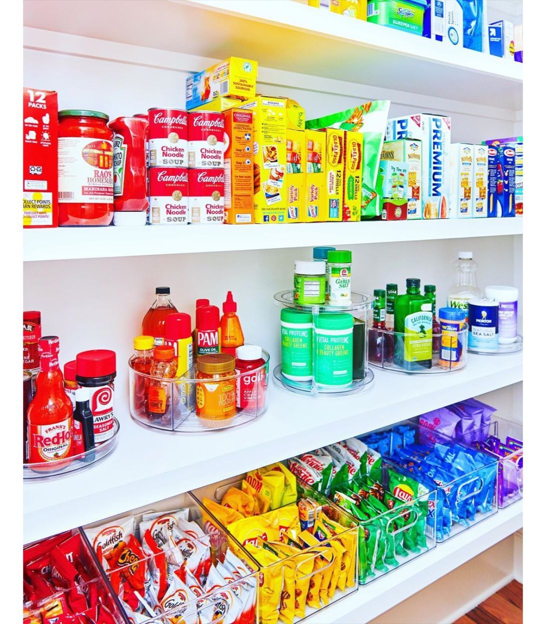 A food pantry organized by color
