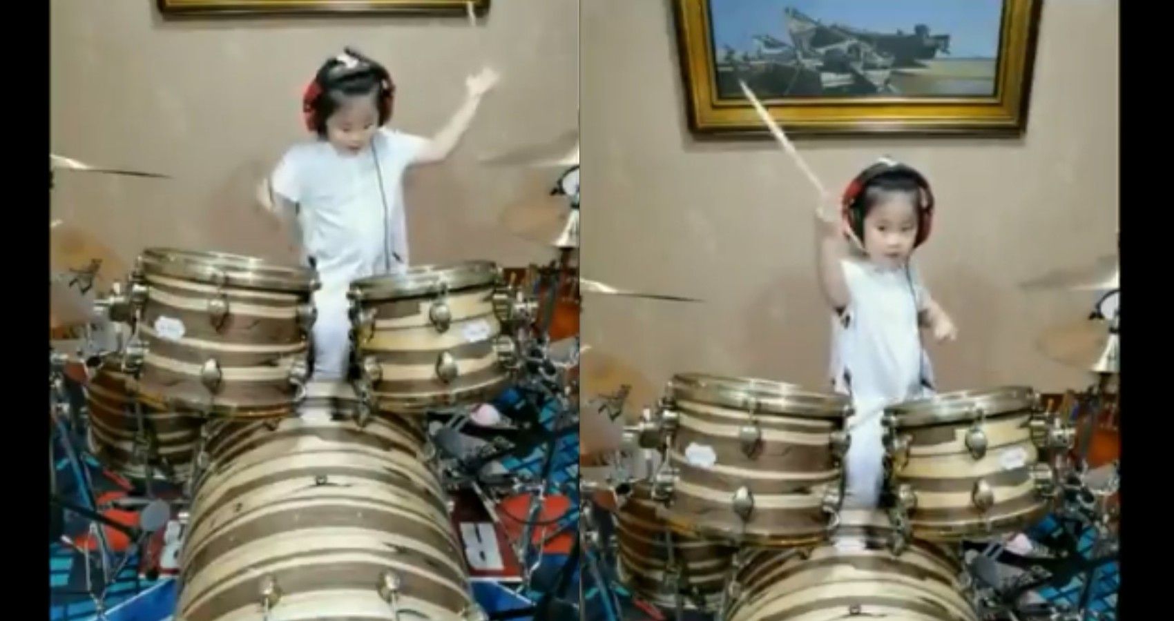 A young girl playing the drums