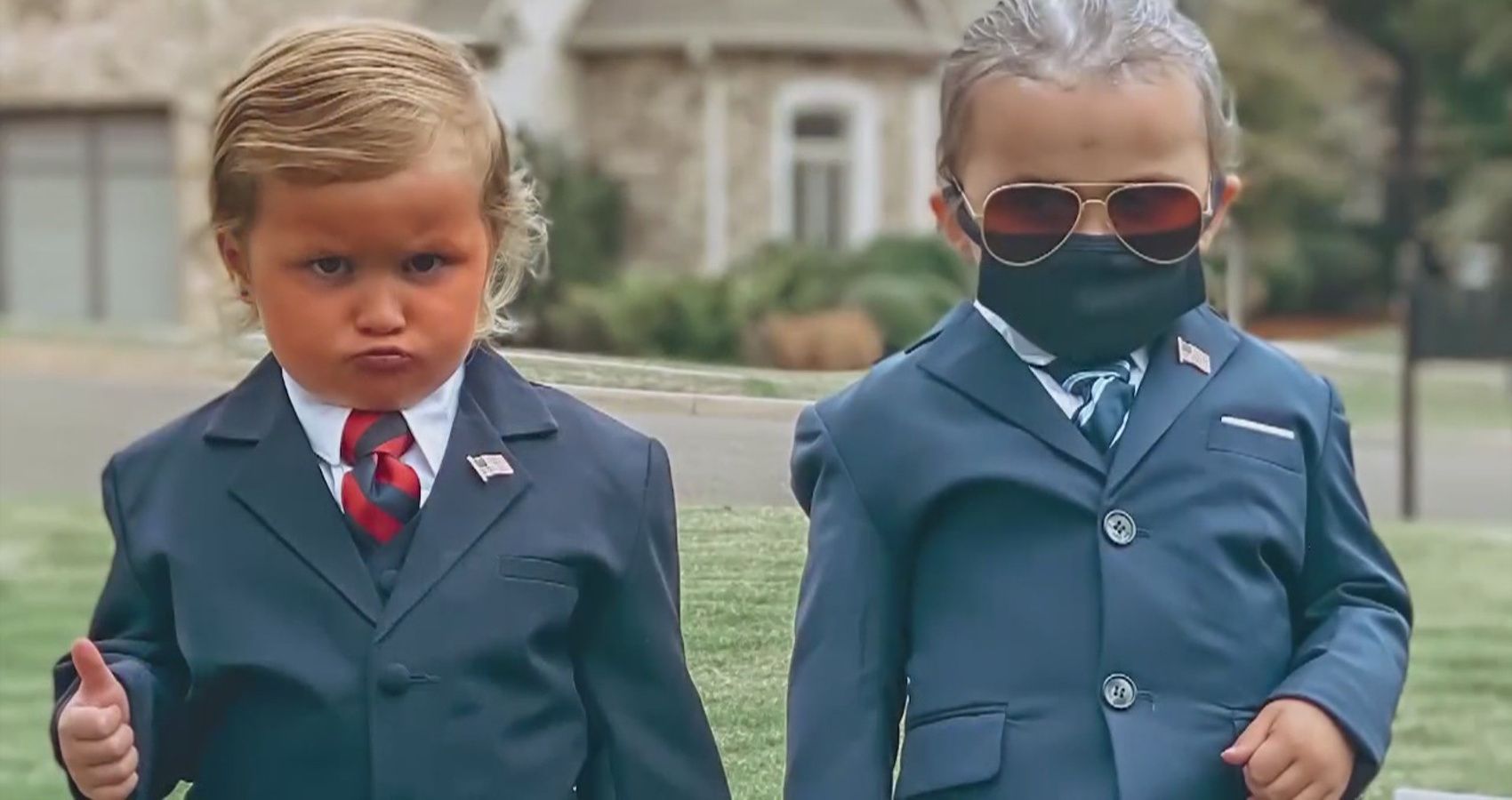 Twin four year olds dress as Trump and Biden
