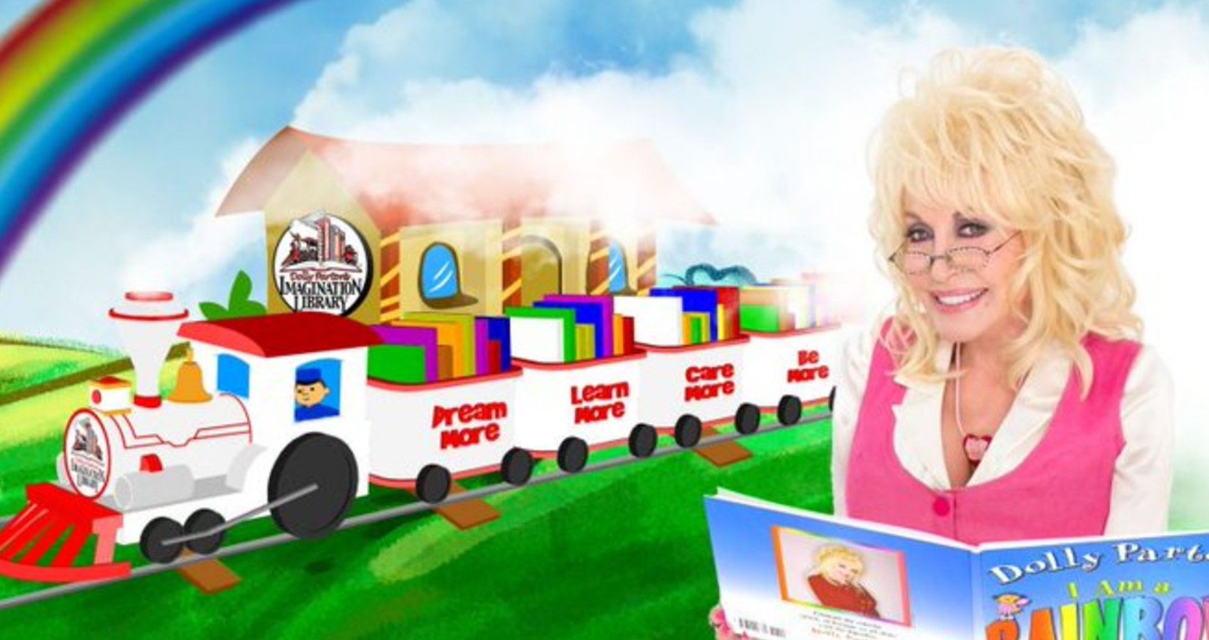 Dolly Parton with a book and a train