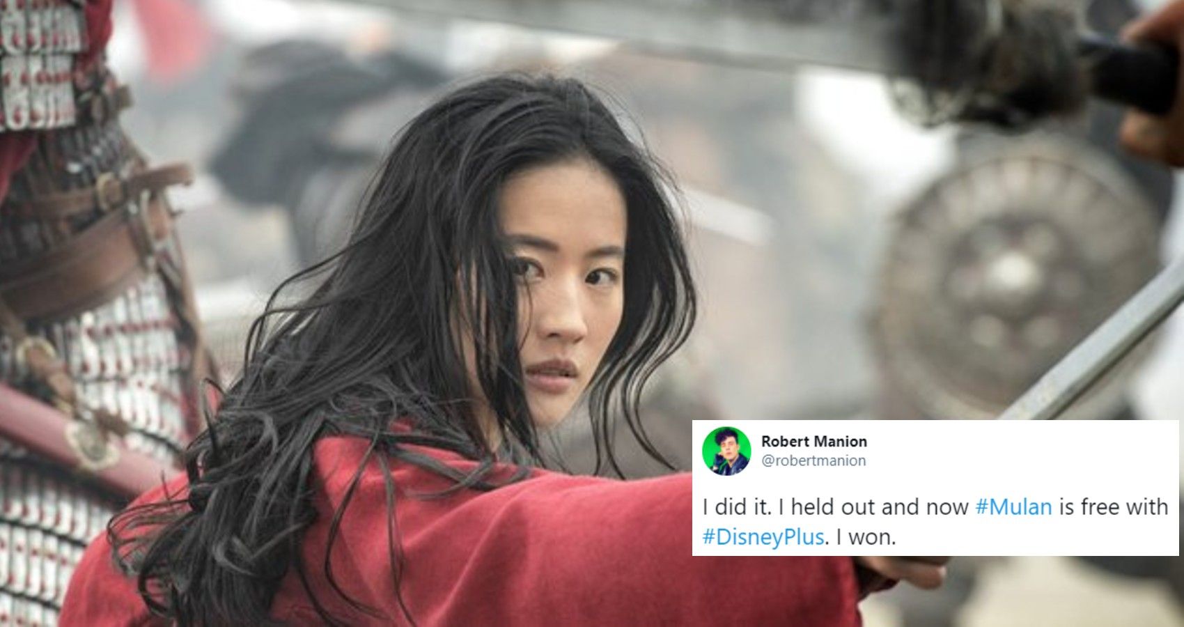 A picture of the live action Mulan and a tweet about the movie