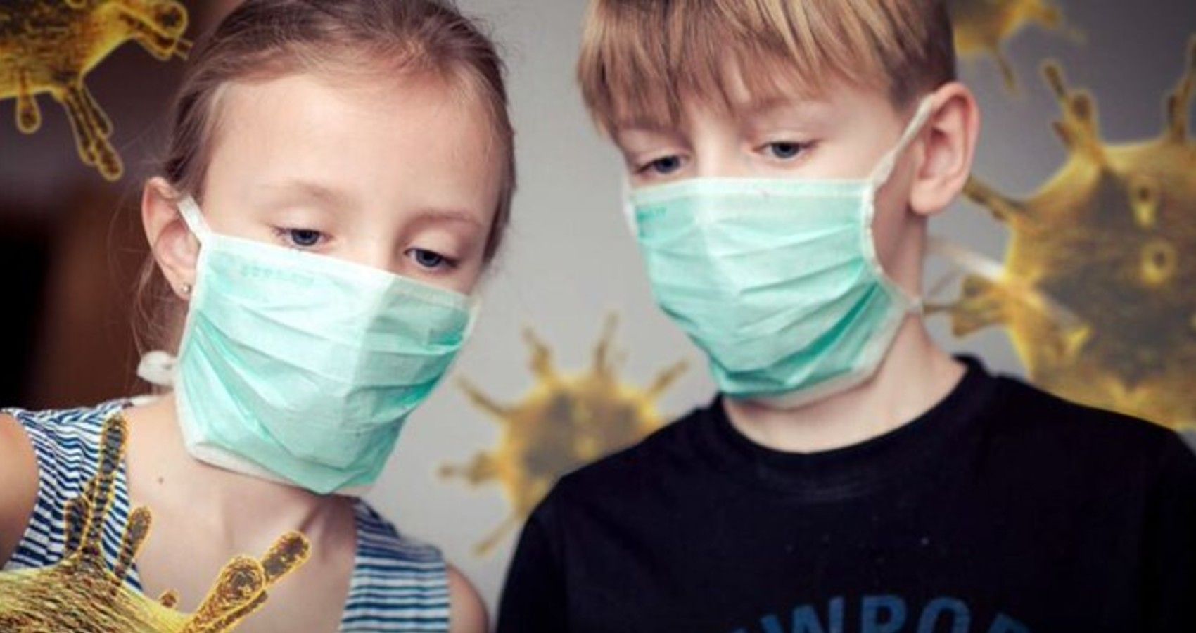 Children wearing face masks with the virus floating aroung them