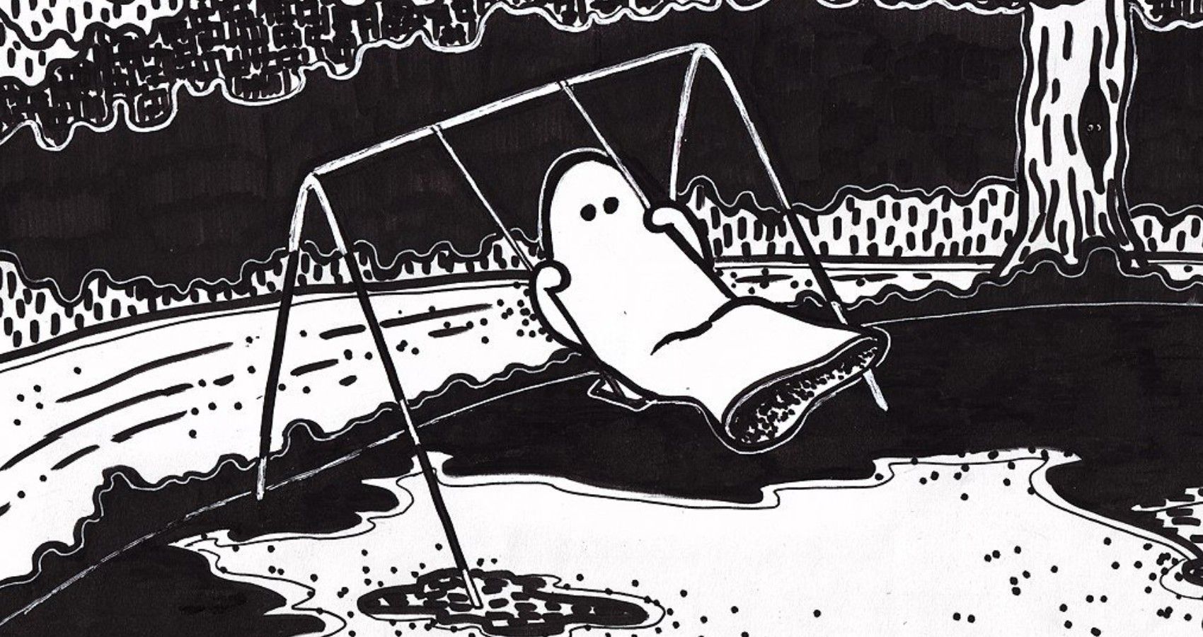 A cartoon picture of a ghost swinging on a swing