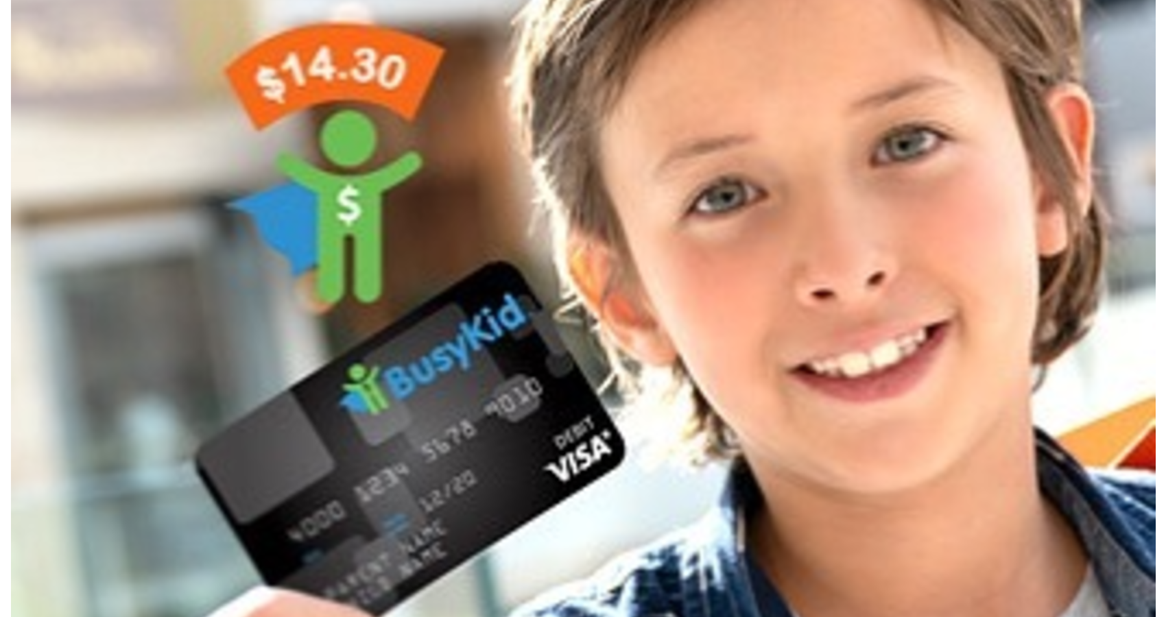 A child holding up a BusyKid card with money they made from chores