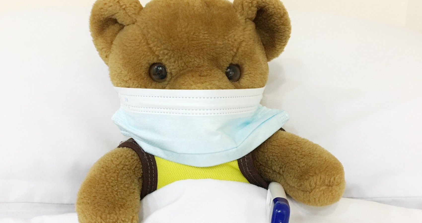 A Teddy Bear With A Face Mask And Thermometer In Bed