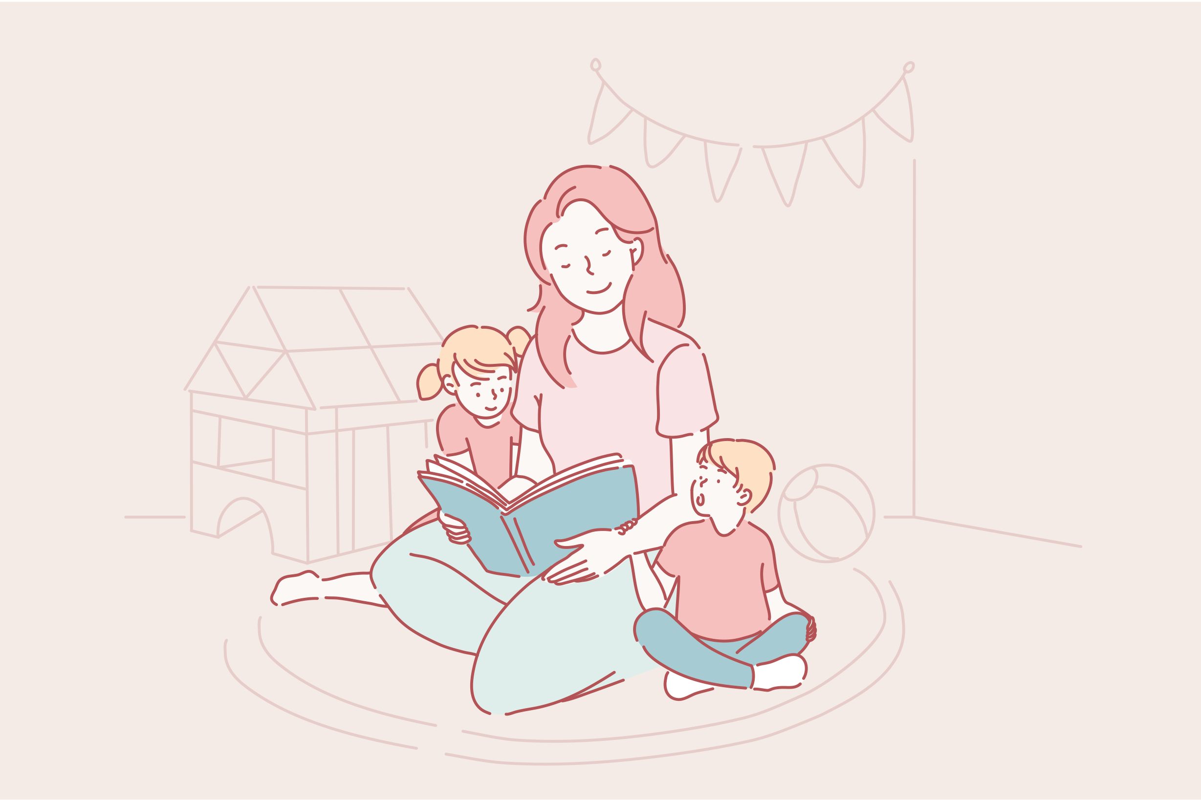 cartoon of woman reading to kids in playroom
