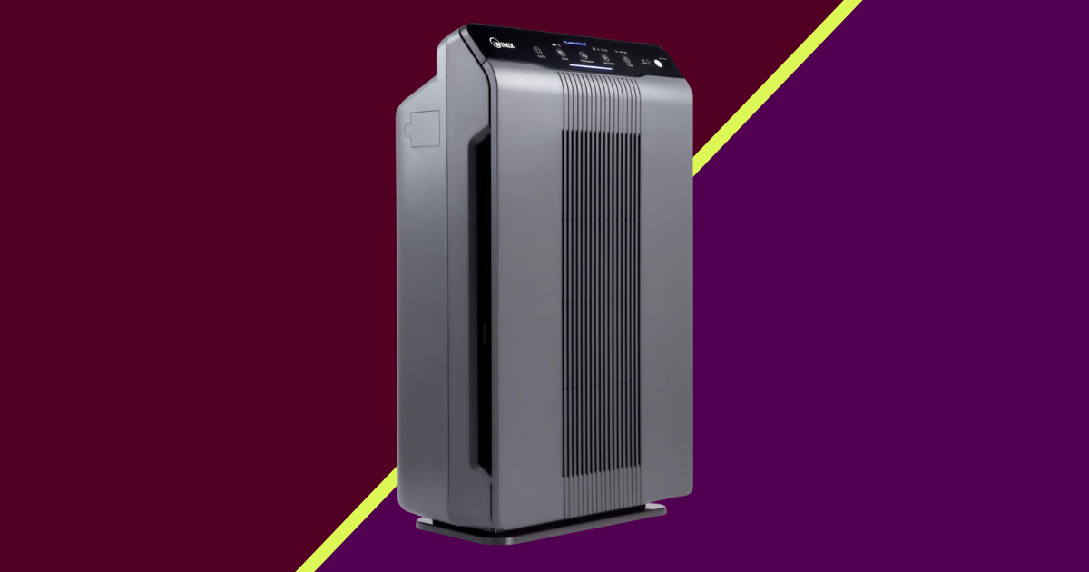 gray air purifier with purple background