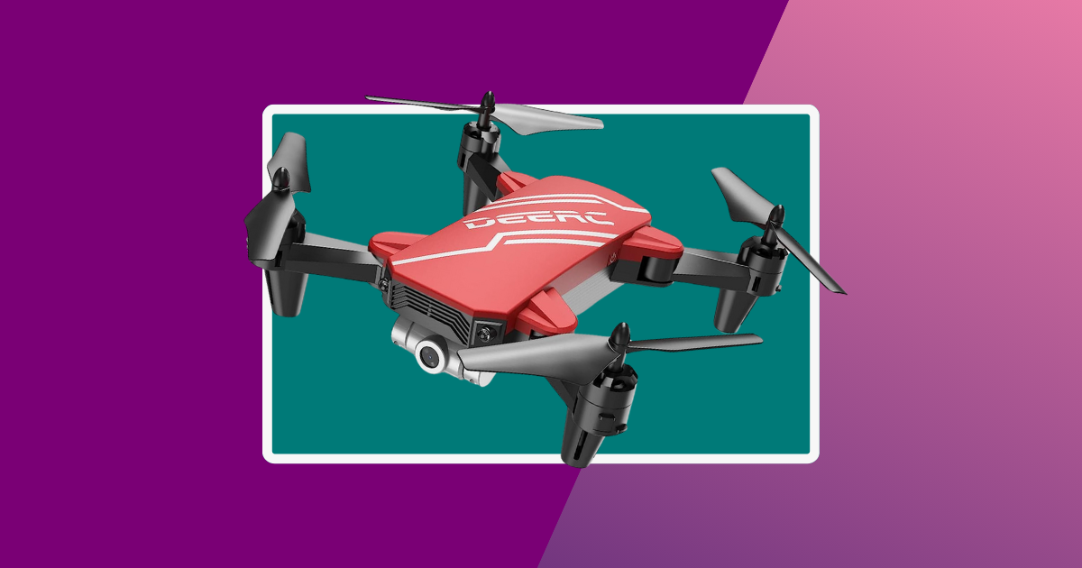 purple and green background with a red drone in the center