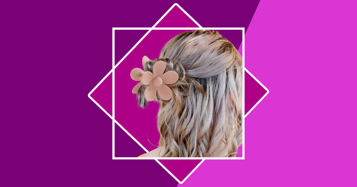 Purple background with a white box around a head of blonde hair and flower-shaped hair clip