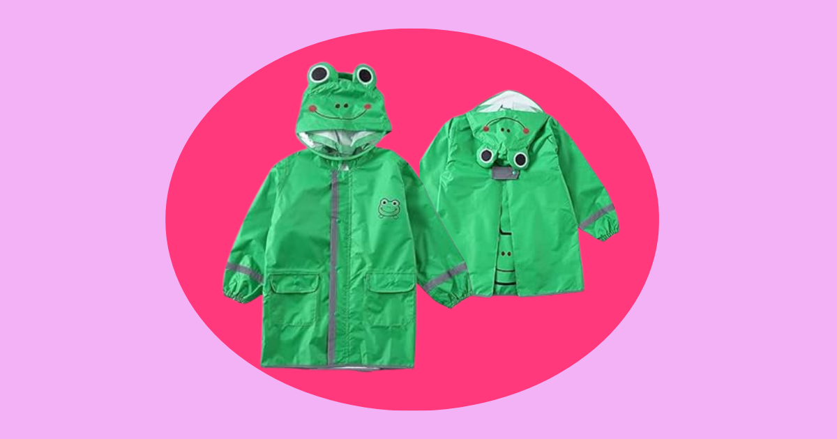 purple background, dark pink circle, and green frog coat