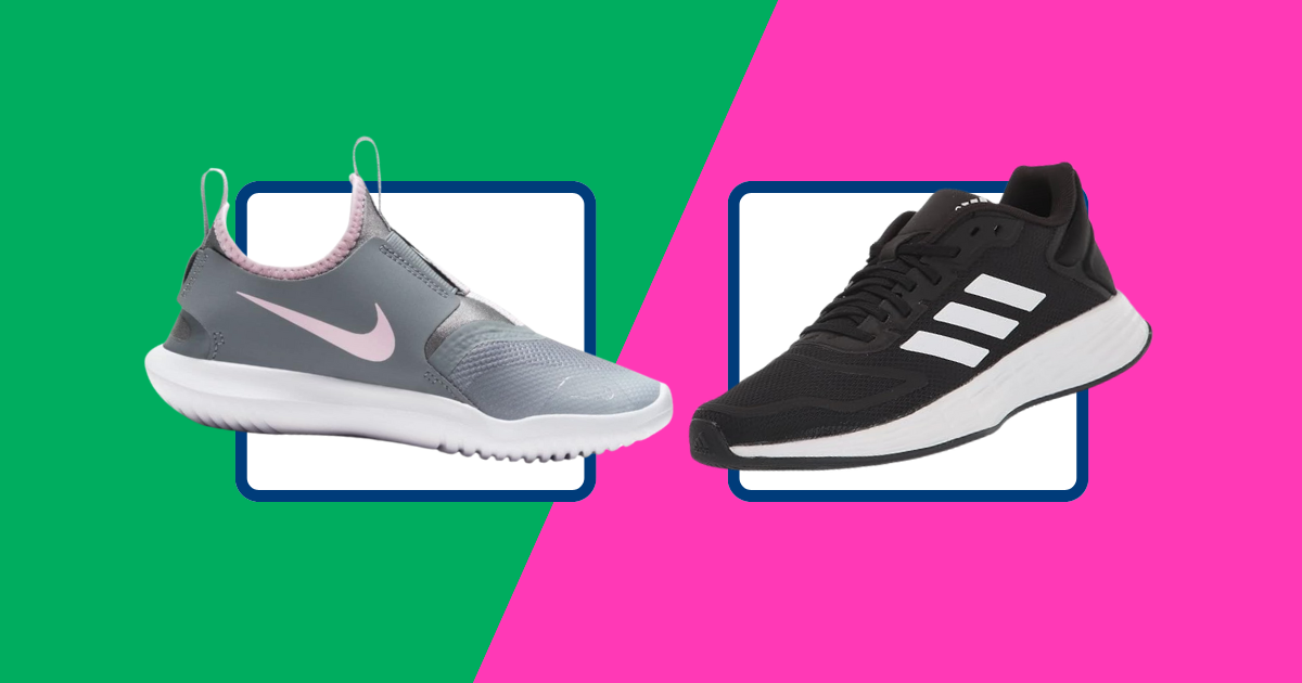pink and green background with a gray Nike shoe and a black Adidas shoe