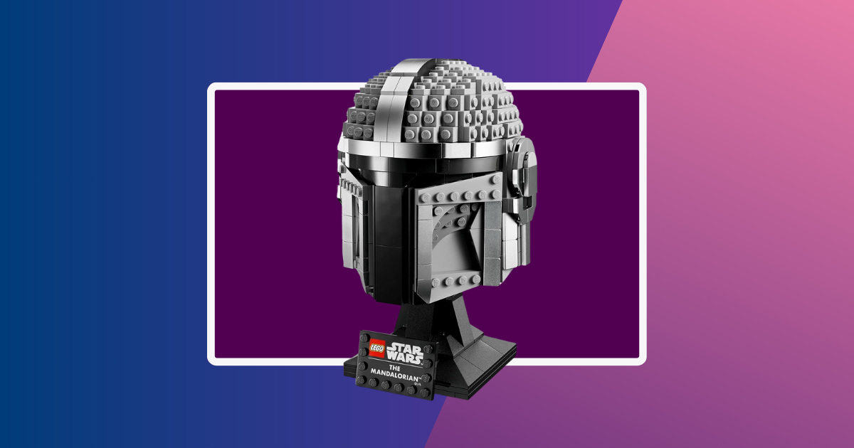 blue and purple background with a star wars LEGO helmet