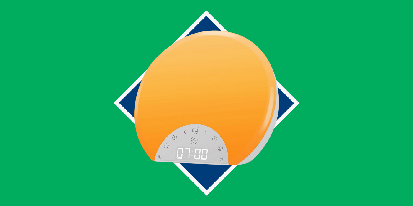 green background with a bright orange alarm clock