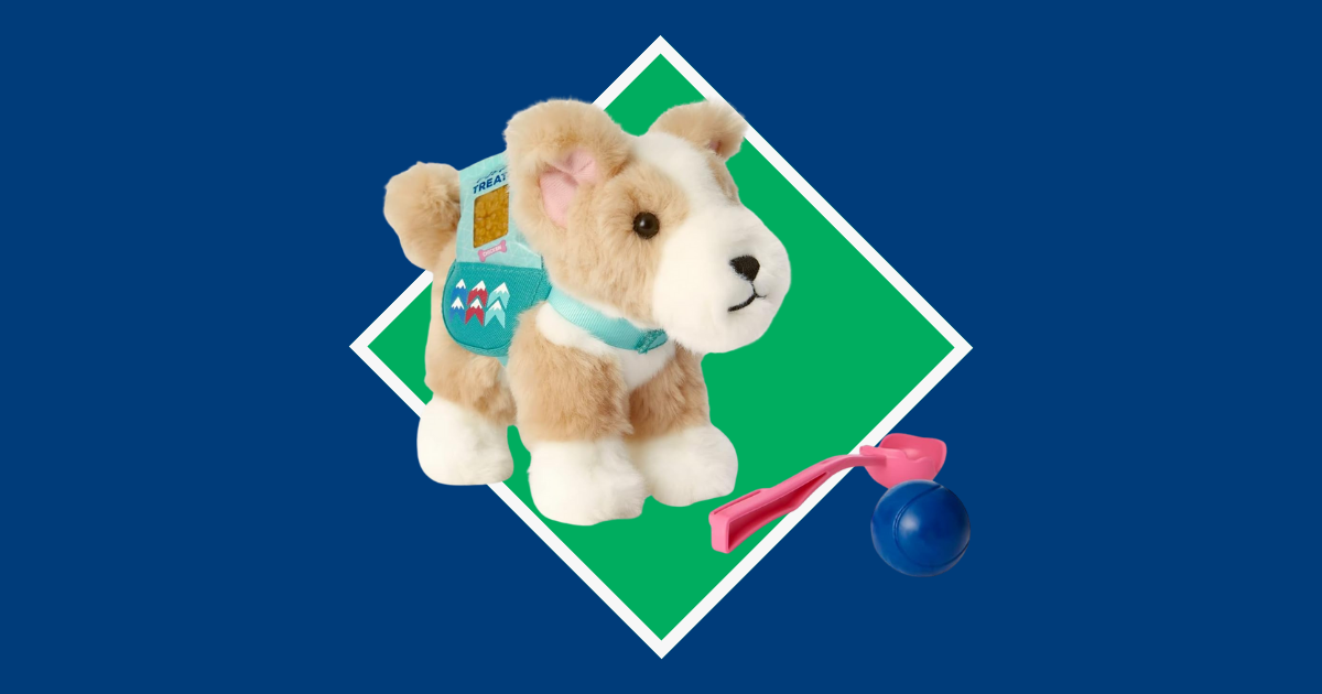 blue and green background with a dog stuffie