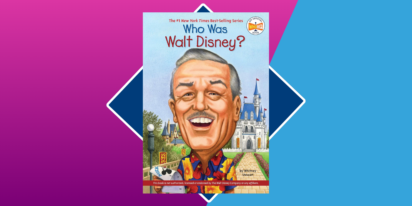 Purple and blue background with who was walt disney book