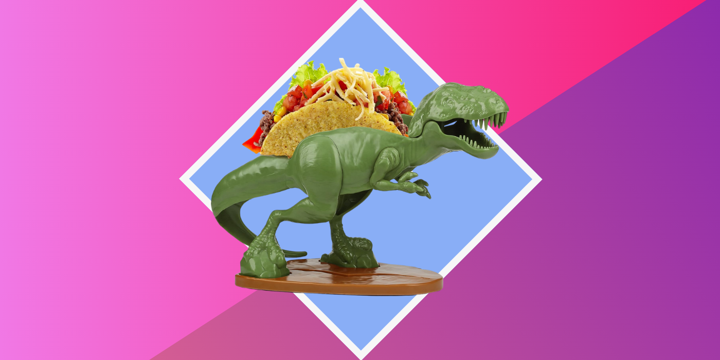 purple and pink background with a dinosaur taco holder
