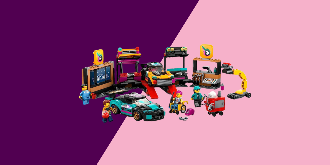 purple and pink background with LEGO toys
