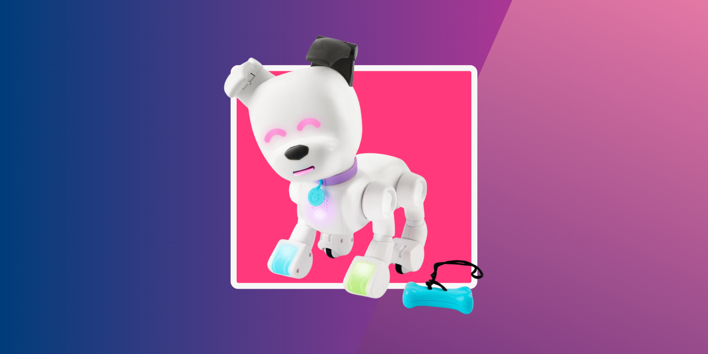 blue pink and purple background with white toy dog