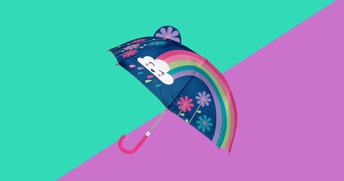 green and purple background with a blue rainbow umbrella
