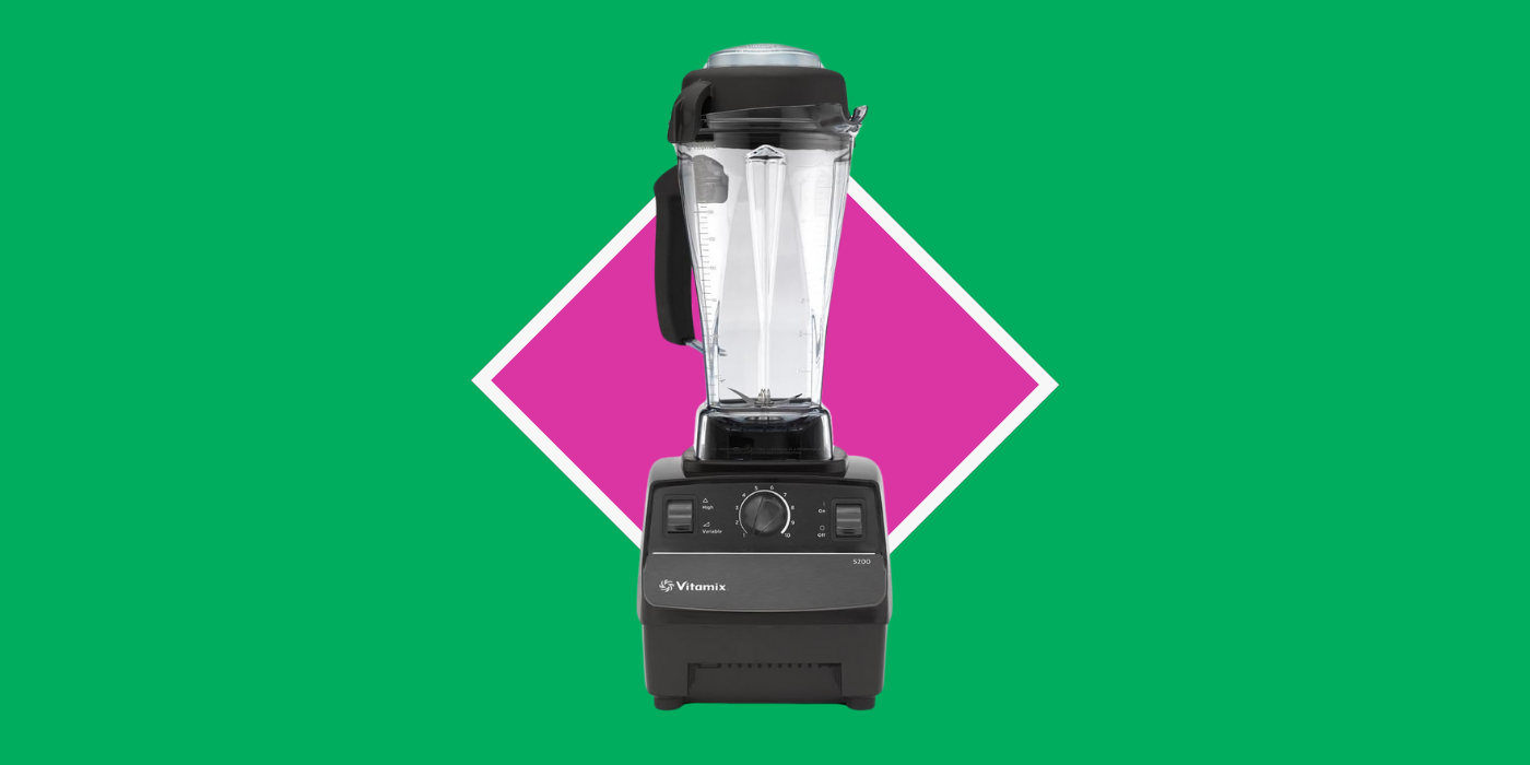 green background, purple square, and a vitamix blended