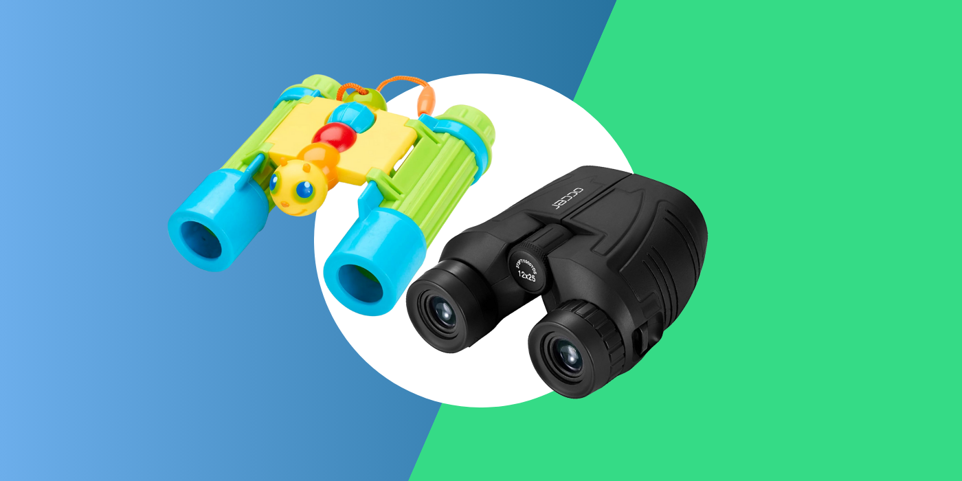 blue and green background with binoculars