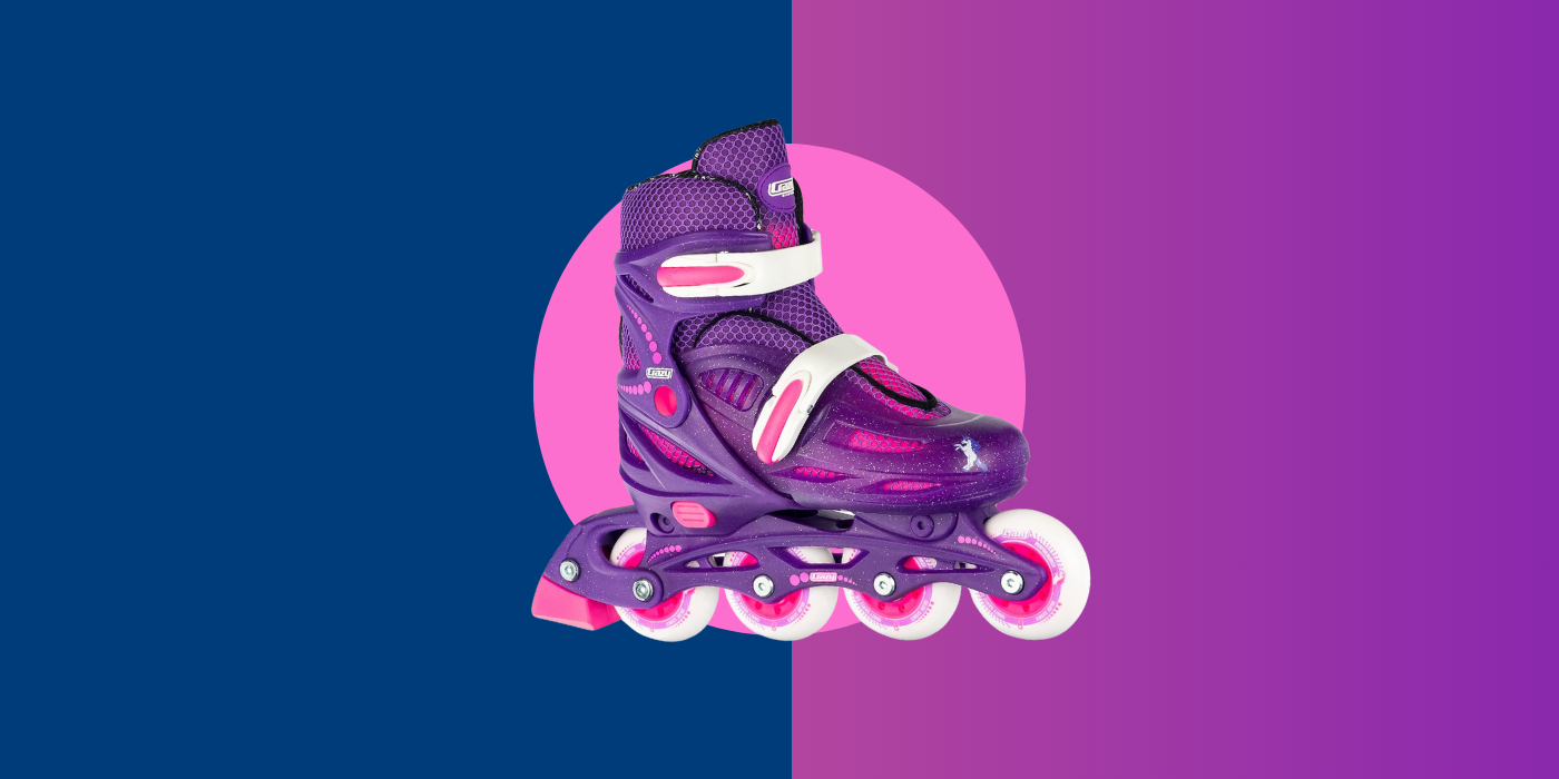 blue and purple background with pink and purple inline skates
