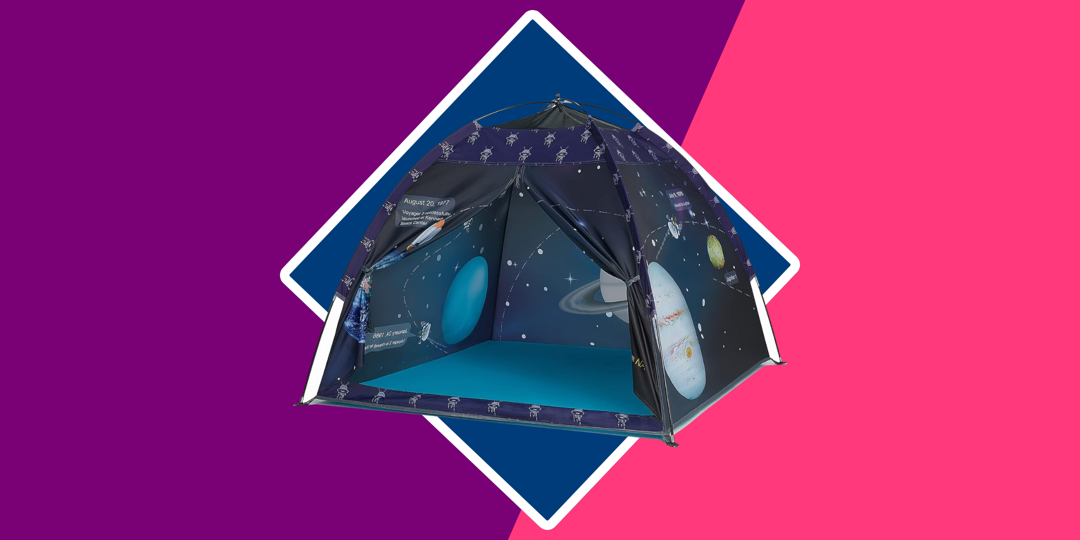 purple and pink background with blue camping tent