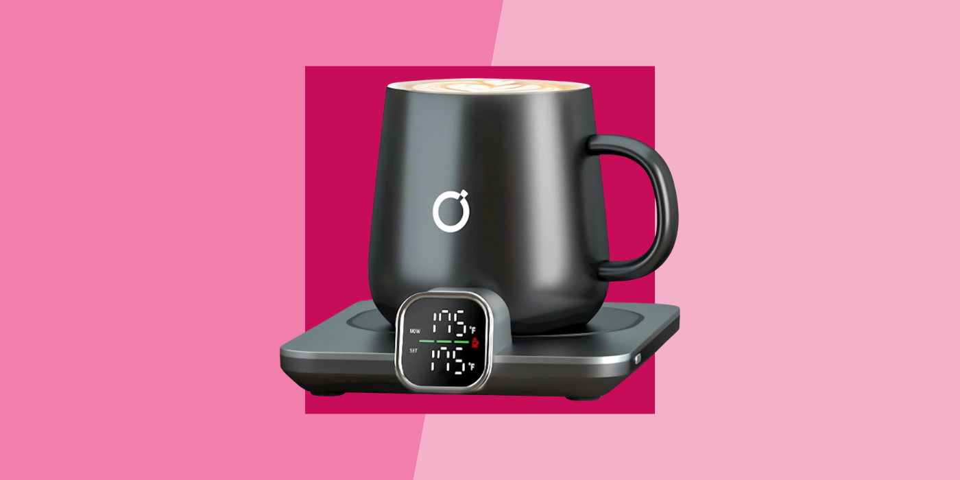 pink background with a black electric mug