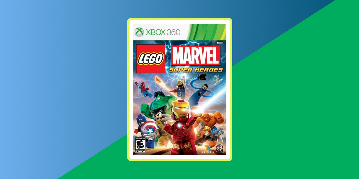 blue and green background with lego marvel video game in the center