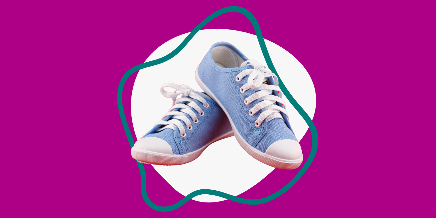 purple background with white circle and blue sneakers
