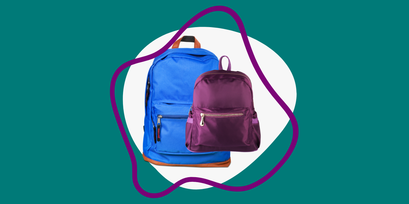 green background with blue and purple backpacks