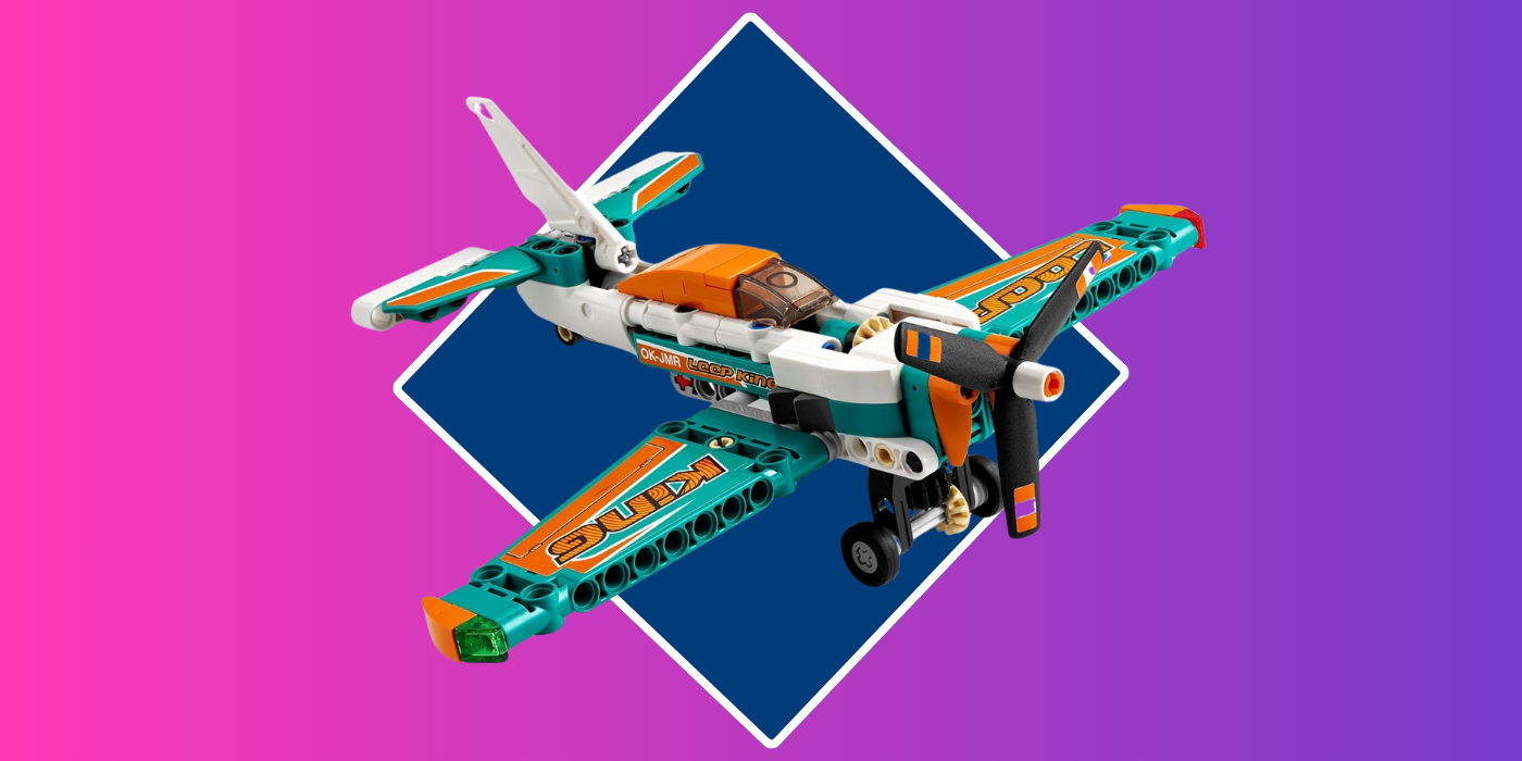 purple and blue background with an orange, teal, and white toy plane