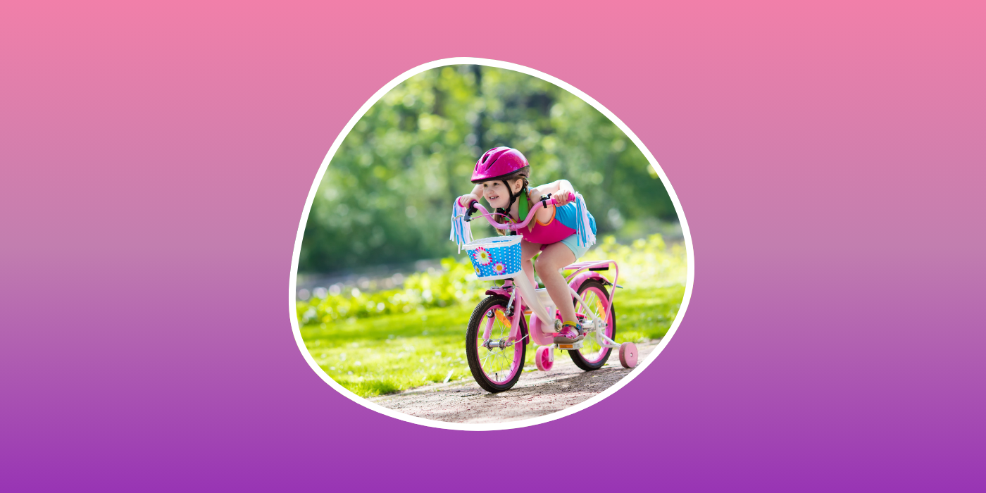 purple and pink background with a girl riding a bike