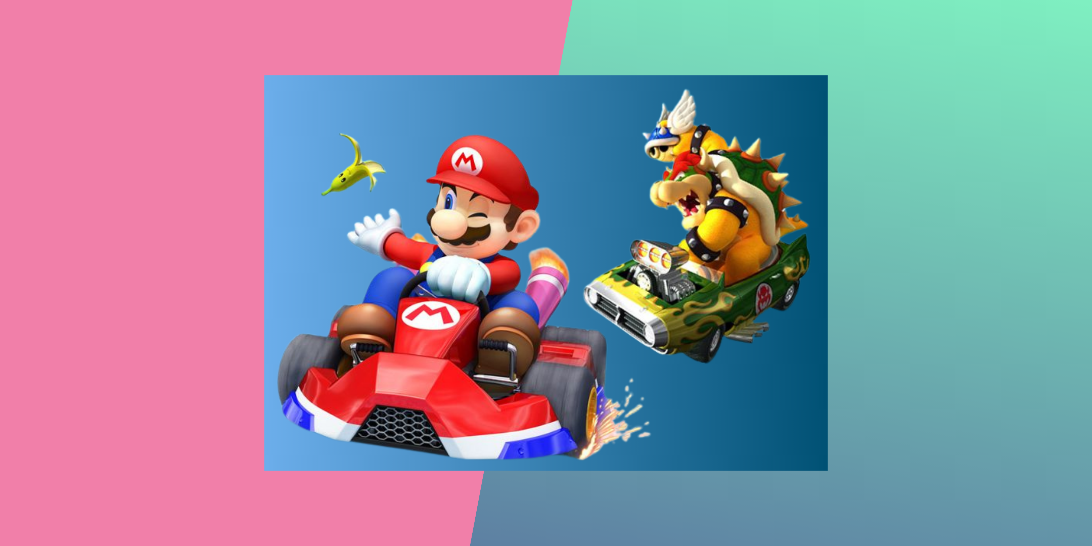 green and pink background with mariokart