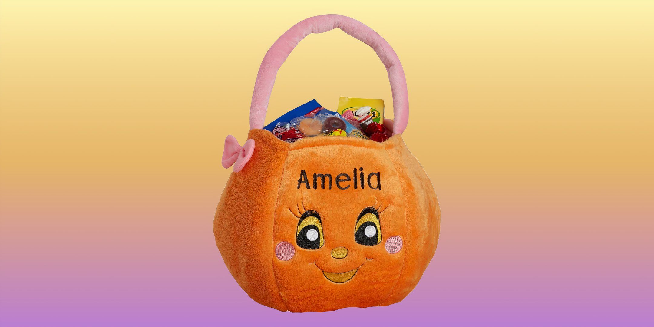 yellow purple background orange pumpkin bag